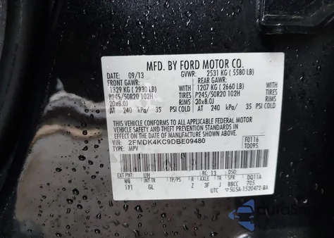 2013 Ford Edge Limited from USA, damaged, VIN 2FMDK4KC9DBE09480